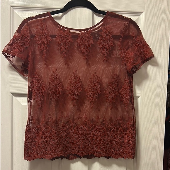 Forever 21 Tops - Forever 21 Sheer Lace Embroidered Short-Sleeve Top - Rust